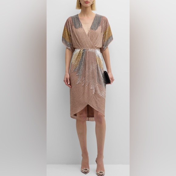 LIV FOSTER ❤️❤️ Luxurious Beaded Sequin Dolman Sleeve Faux-Wrap Dress size 6 NWT - Picture 3 of 15